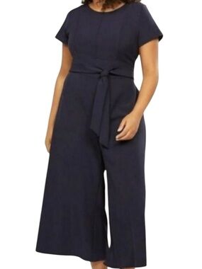 LANE BRYANT Short-Sleeve Wide-Leg Cropped Jumpsuit w/ Tie Waist in Navy Size 18